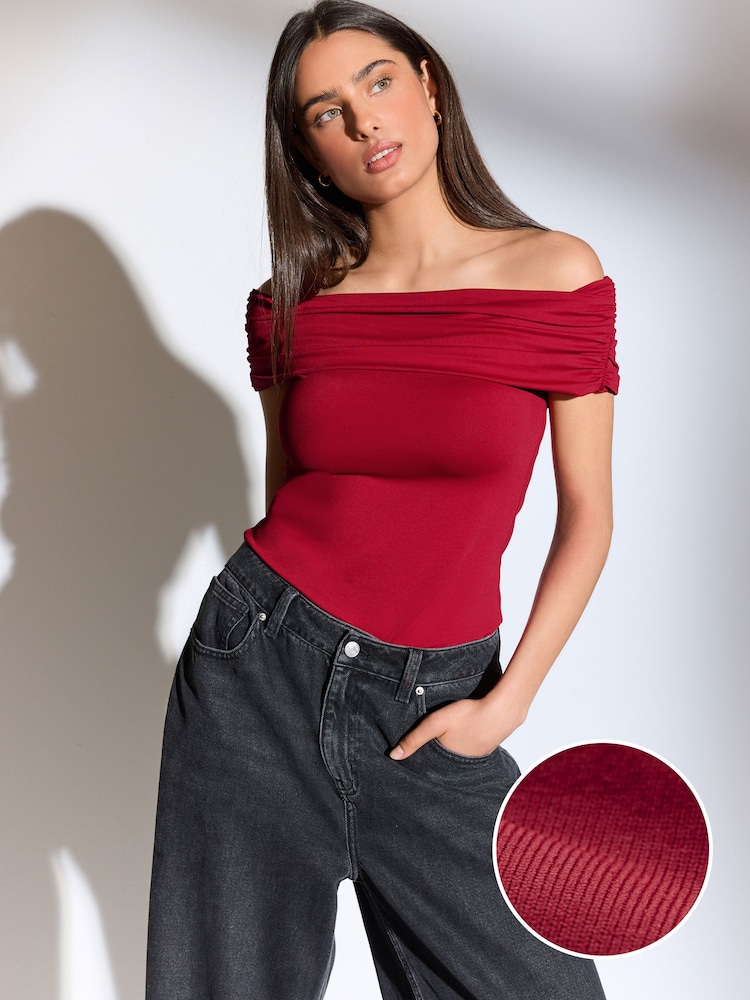 Red Off The Shoulder Gathered Ruched Soft Touch Top - Image 1 of 7