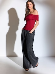 Red Off The Shoulder Gathered Ruched Soft Touch Top - Image 2 of 7