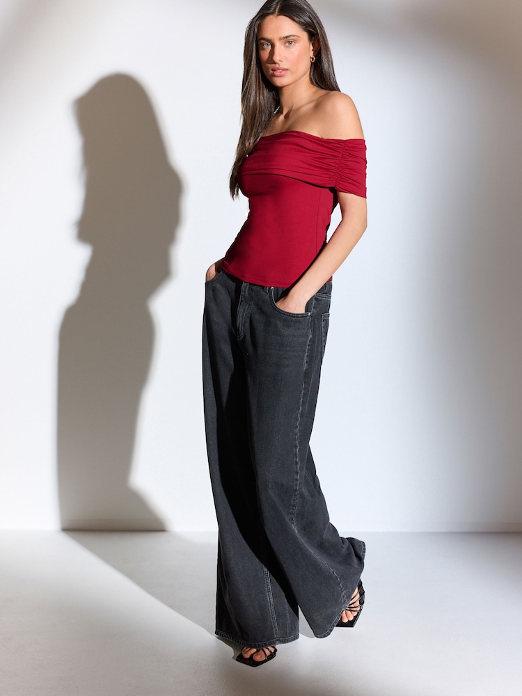 Red Off The Shoulder Gathered Ruched Soft Touch Top - Image 2 of 7