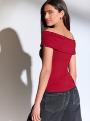 Red Off The Shoulder Gathered Ruched Soft Touch Top - Image 3 of 7
