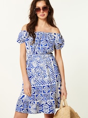 Blue Tile Print Bardot Puff Sleeve Jersey Summer Dress - Image 1 of 6