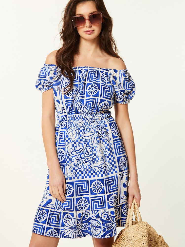 Blue Tile Print Bardot Puff Sleeve Jersey Summer Dress - Image 1 of 6