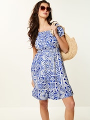 Blue Tile Print Bardot Puff Sleeve Jersey Summer Dress - Image 2 of 6