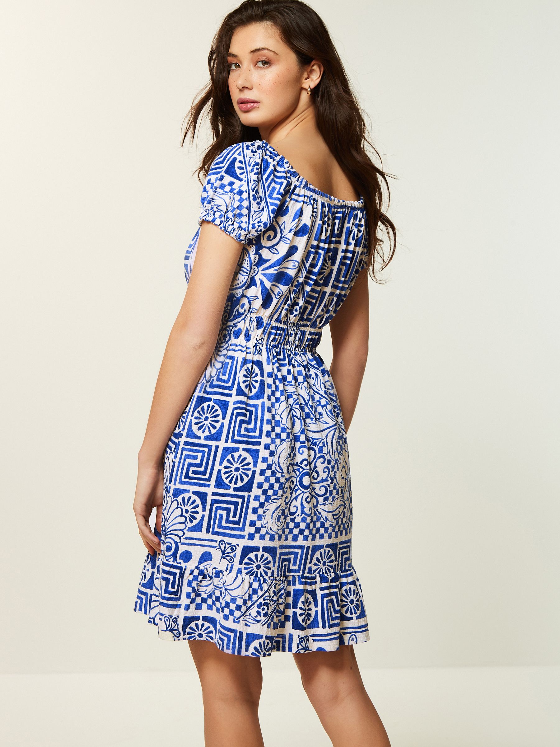 Buy Blue Tile Print Bardot Puff Sleeve Jersey Summer Dress