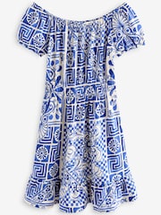 Blue Tile Print Bardot Puff Sleeve Jersey Summer Dress - Image 5 of 6