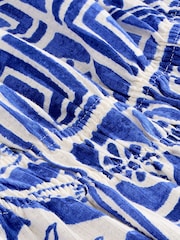 Blue Tile Print Bardot Puff Sleeve Jersey Summer Dress - Image 6 of 6