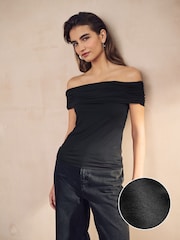 Black Off The Shoulder Gathered Ruched Soft Touch Top - Image 1 of 8