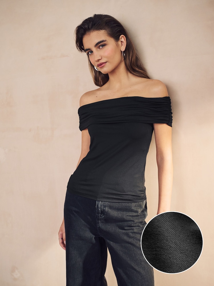 Black Off The Shoulder Gathered Ruched Soft Touch Top - Image 1 of 8