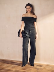 Black Off The Shoulder Gathered Ruched Soft Touch Top - Image 2 of 8