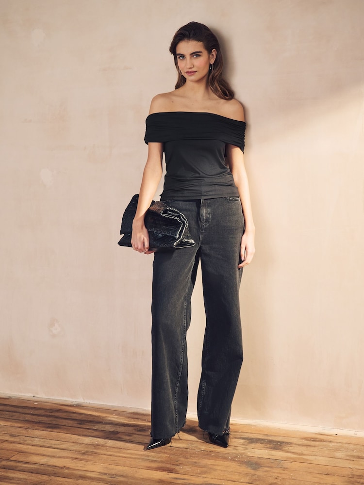 Black Off The Shoulder Gathered Ruched Soft Touch Top - Image 2 of 8