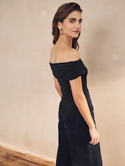 Black Off The Shoulder Gathered Ruched Soft Touch Top - Image 5 of 8