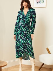 Love & Roses Navy Blue Animal Collared Wrap Midi Dress - Image 1 of 4