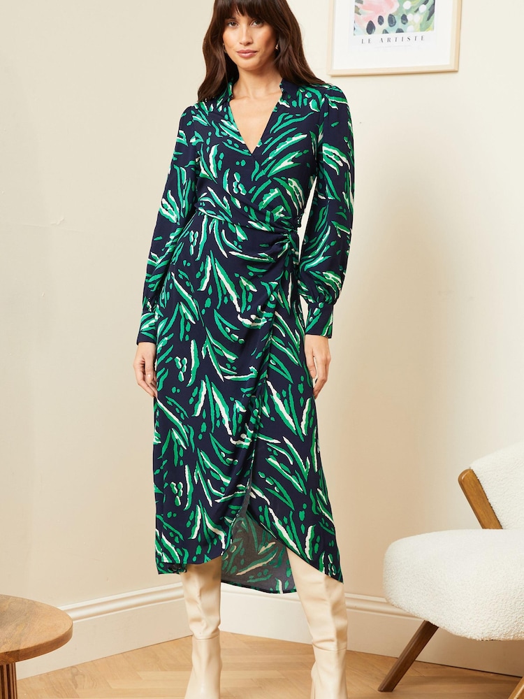 Love & Roses Navy Blue Animal Collared Wrap Midi Dress - Image 1 of 4