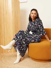 Love & Roses Navy Floral Printed Flute Sleeves High Neck Lace Trim Midi Dress - Image 3 of 4