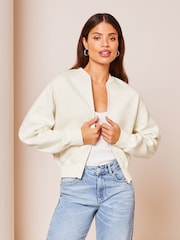 Lipsy Cream Sweat Bomber Jacket - Image 1 of 4