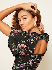 Love & Roses Black Floral Tulip Sleeve Jersey Floral Midi Dress - Image 2 of 4