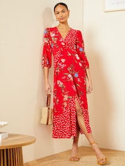 Love & Roses Red Patched Floral V Neck Twist Front Long Sleeve Midi Dress - Image 1 of 4