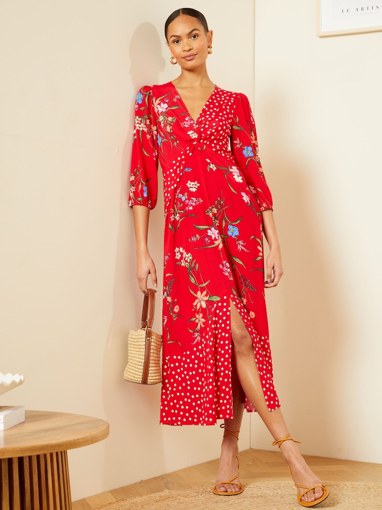 Buy Love & Roses Red Patched Floral V Neck Twist Front Long Sleeve Midi ...