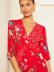 Love & Roses Red Patched Floral V Neck Twist Front Long Sleeve Midi Dress - Image 2 of 4