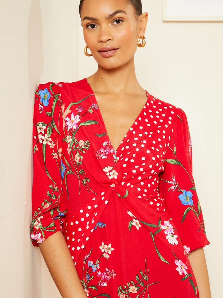 Love & Roses Red Patched Floral V Neck Twist Front Long Sleeve Midi Dress - Image 2 of 4