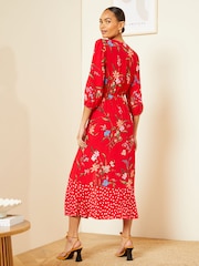 Love & Roses Red Patched Floral V Neck Twist Front Long Sleeve Midi Dress - Image 3 of 4