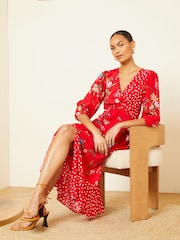Love & Roses Red Patched Floral V Neck Twist Front Long Sleeve Midi Dress - Image 4 of 4