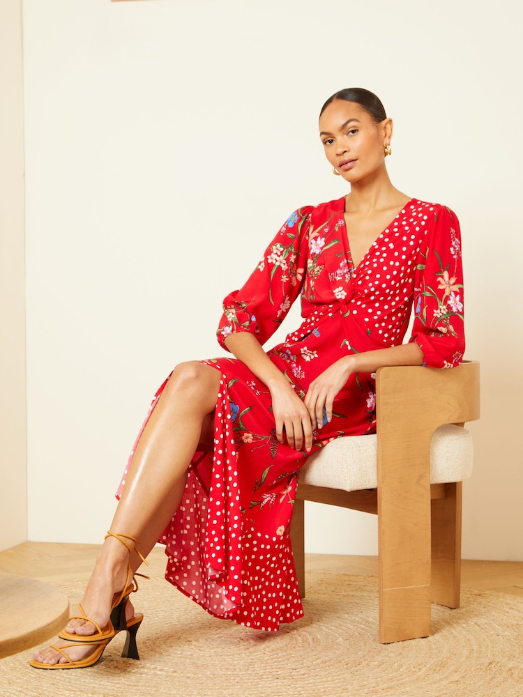 Love & Roses Red Patched Floral V Neck Twist Front Long Sleeve Midi Dress - Image 4 of 4