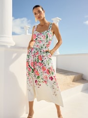 فستان متوسط الطول كتان بحمالات عليه طبعة Blend من V&a | Love & Roses - صورة 3 من 4