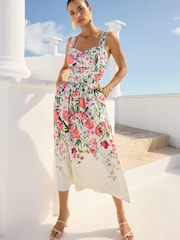 V&A | Love & Roses Ivory White Floral Linen Blend Printed Cami Midi Dress - Image 1 of 1