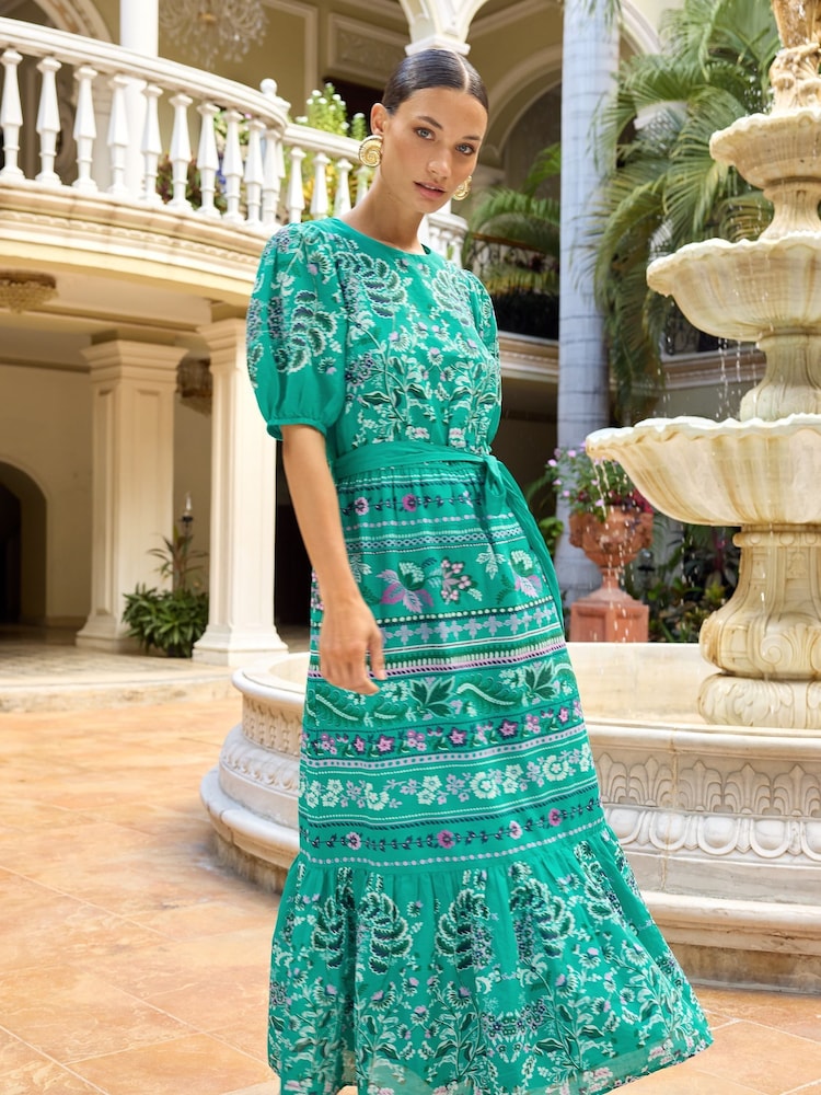 V&a | Love & Roses Bedrucktes Midikleid mit Rundhalsausschnitt, Puffärmeln und Gürtel - Bild 1 von 4