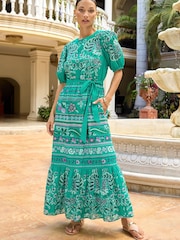 V&a | Love & Roses Bedrucktes Midikleid mit Rundhalsausschnitt, Puffärmeln und Gürtel - Bild 4 von 4