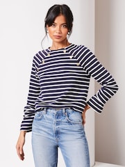 Lipsy Navy/White Round Neck Long Sleeve Button Top - Image 1 of 4