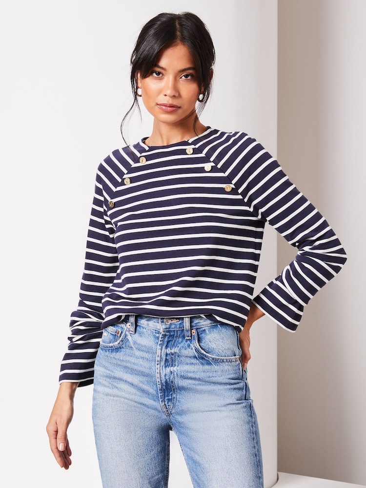 Lipsy Navy/White Round Neck Long Sleeve Button Top - Image 1 of 4