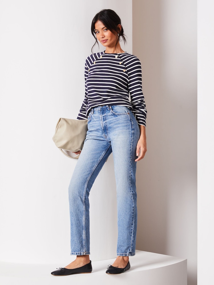 Lipsy Navy/White Round Neck Long Sleeve Button Top - Image 2 of 4