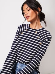 Lipsy Navy/White Round Neck Long Sleeve Button Top - Image 3 of 4