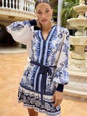 V&A | Love & Roses Navy Blue Paisley Printed V Neck Belted Mini Dress - Image 1 of 4