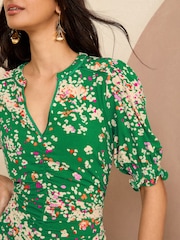 Love & Roses Green Animal Jersey V Neck Front Split Midi Shirt Dress - Image 2 of 4