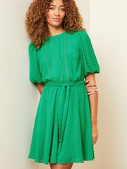Love & Roses Green Dobby Puff Sleeve Belted Mini Dress - Image 1 of 4
