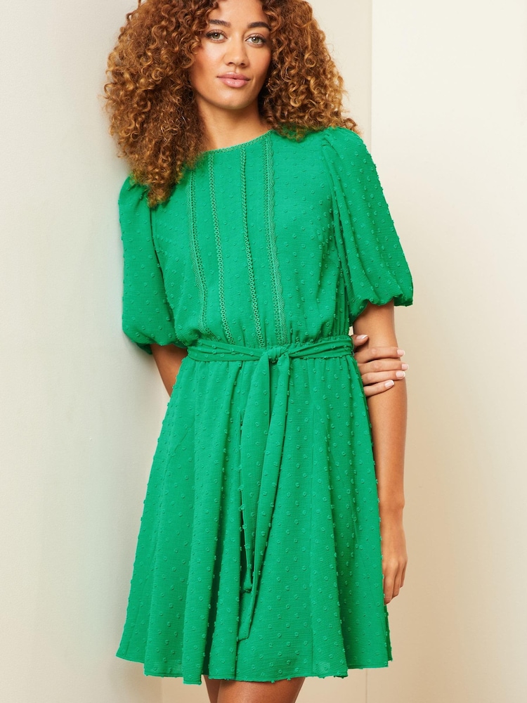 Love & Roses Green Dobby Puff Sleeve Belted Mini Dress - Image 1 of 4