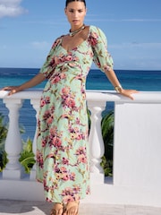 V&A | Love & Roses Green Floral Linen Blend Printed Twist Front Puff Sleeve Midi Dress - Image 1 of 4
