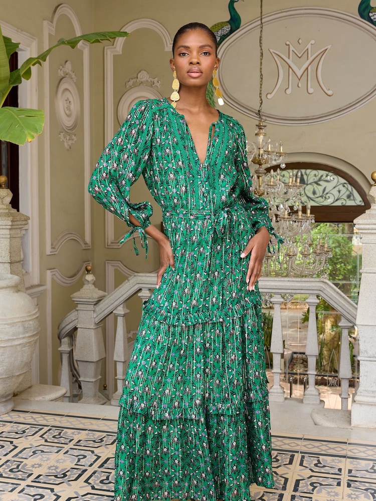 V&A | Love & Roses Green Floral Printed V Neck Metallic Tie Cuff Midi Dress - Image 1 of 4