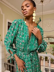 V&A | Love & Roses Green Floral Printed V Neck Metallic Tie Cuff Midi Dress - Image 2 of 4
