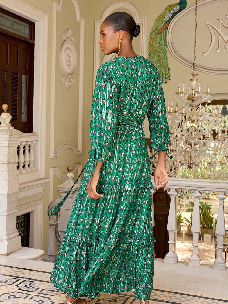 V&A | Love & Roses Green Floral Printed V Neck Metallic Tie Cuff Midi Dress - Image 3 of 4