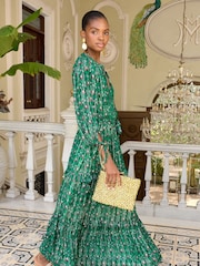 V&A | Love & Roses Green Floral Printed V Neck Metallic Tie Cuff Midi Dress - Image 4 of 4