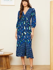 Love & Roses Blue Twist Detail V Neck Front Split Midi Dress - Image 1 of 4
