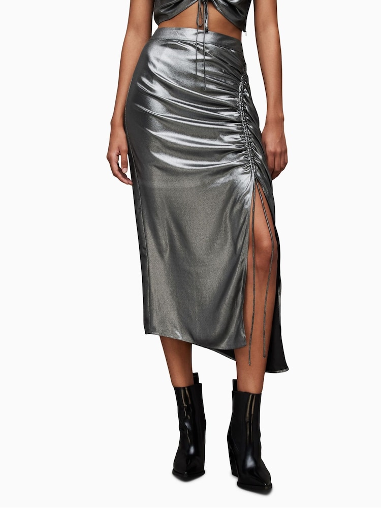 AllSaints Silver Carla Metallic Skirt - Image 1 of 6