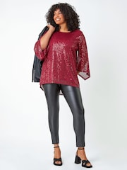 Roman Red Curve Sheer Sleeve Sequin Top - Image 1 of 5