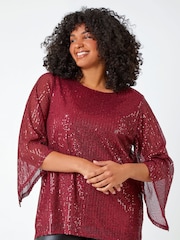Roman Red Curve Sheer Sleeve Sequin Top - Image 2 of 5