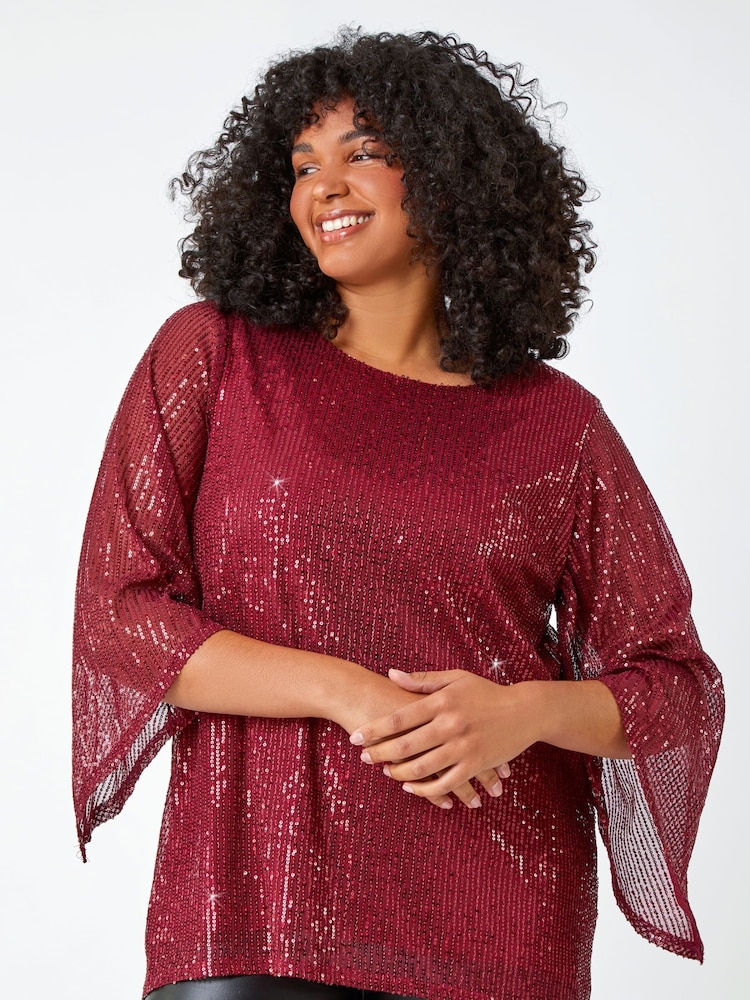 Roman Red Curve Sheer Sleeve Sequin Top - Image 2 of 5 Roman Red Curve Sheer Sleeve Sequin Top - Image 2 of 5
