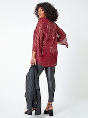 Roman Red Curve Sheer Sleeve Sequin Top - Image 3 of 5